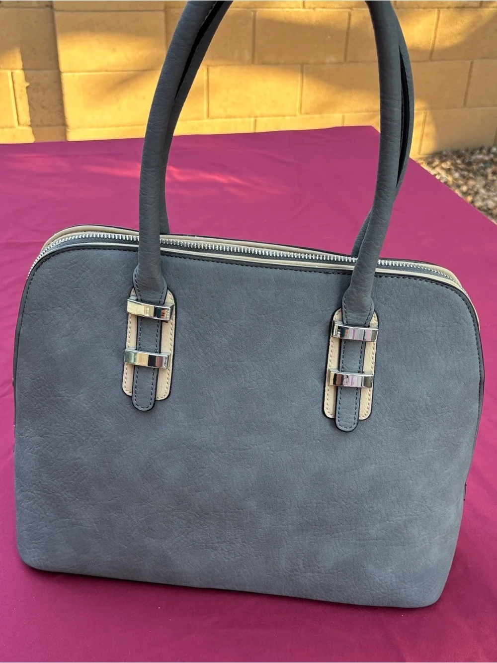 Charming Charlie Gray Medium Satchel Handbag Multi Compartment Silver Hardware
